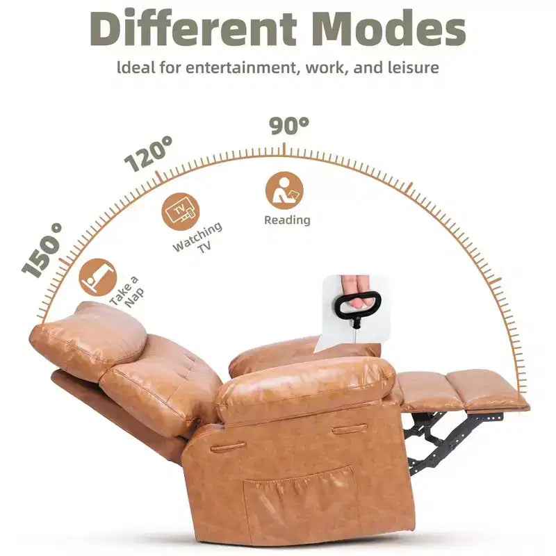 Fauteuil inclinable pivotant surdimensionné à bascule large – Fauteuil inclinable manuel en cuir PU pour adultes, fauteuil paresseux confortable avec rembourrage éponge 1,5X et facile