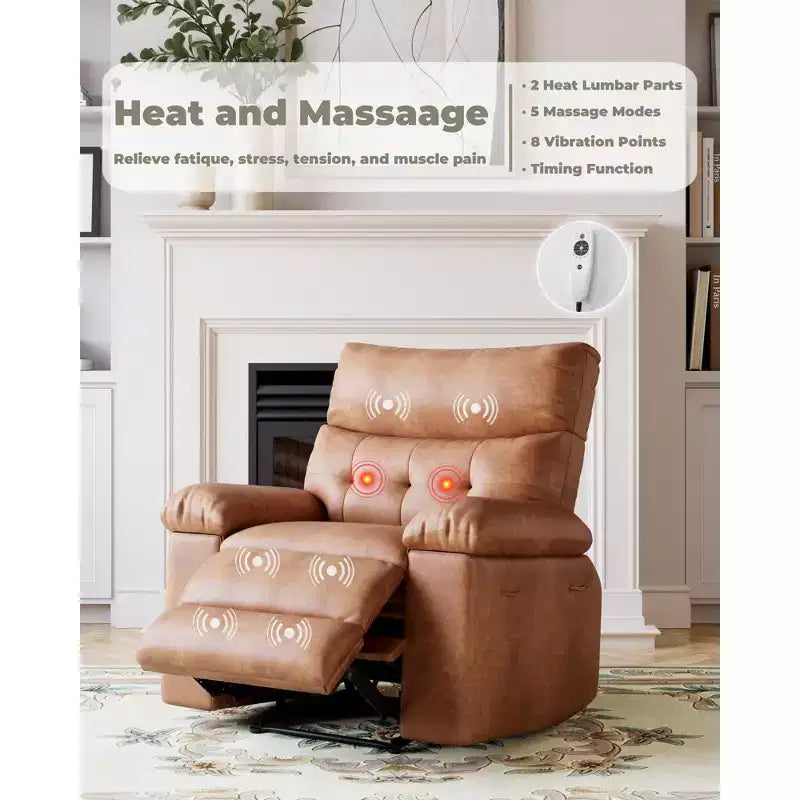 Fauteuil inclinable pivotant surdimensionné à bascule large – Fauteuil inclinable manuel en cuir PU pour adultes, fauteuil paresseux confortable avec rembourrage éponge 1,5X et facile