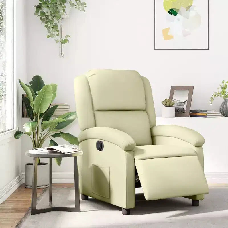 vidaXL Cream Electric Recliner Chair - Real Leather, Motorized Backrest/Footrest, Wood/Metal Frame, Foam Padded, Elderly-Friendly Armchair.