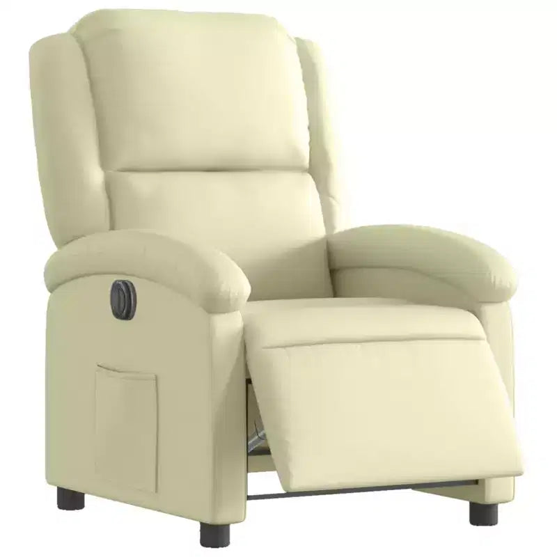 vidaXL Cream Electric Recliner Chair - Real Leather, Motorized Backrest/Footrest, Wood/Metal Frame, Foam Padded, Elderly-Friendly Armchair.