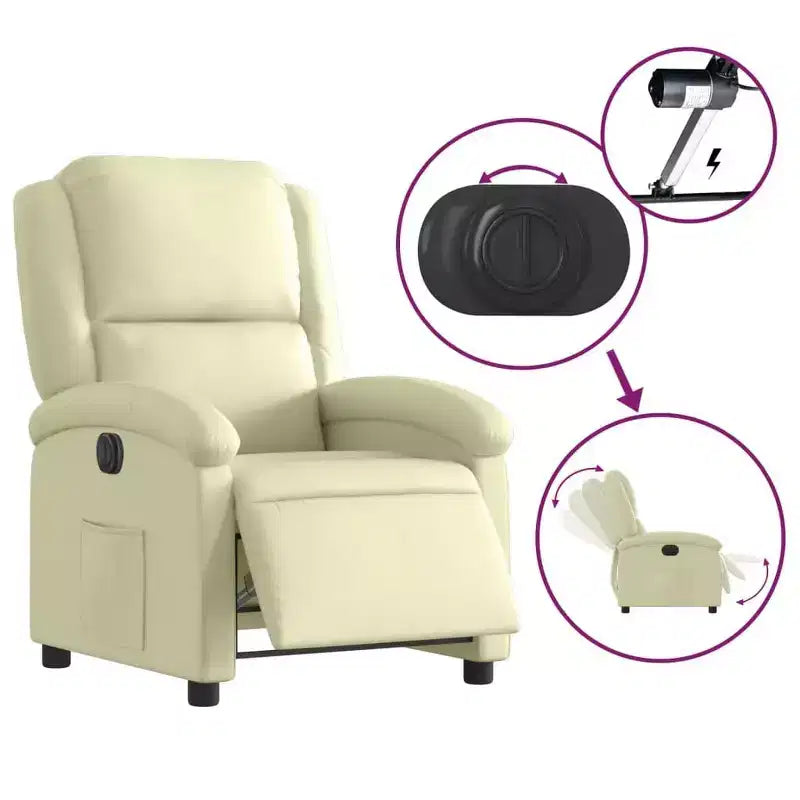 vidaXL Cream Electric Recliner Chair - Real Leather, Motorized Backrest/Footrest, Wood/Metal Frame, Foam Padded, Elderly-Friendly Armchair.