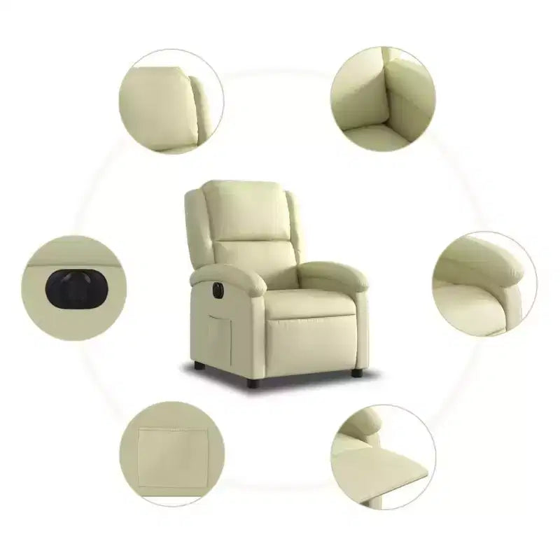 vidaXL Cream Electric Recliner Chair - Real Leather, Motorized Backrest/Footrest, Wood/Metal Frame, Foam Padded, Elderly-Friendly Armchair.
