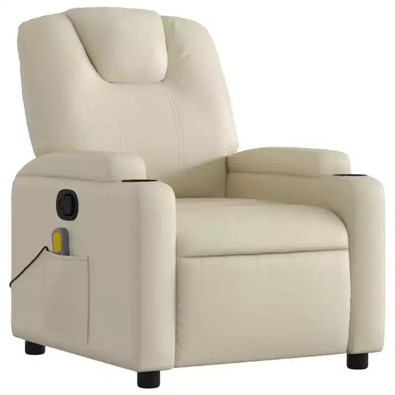 vidaXL Cream Faux Leather Massage Recliner Chair - Reclining Armchair for Elderly with Vibration Function, Cup Holders, Manual Tilt