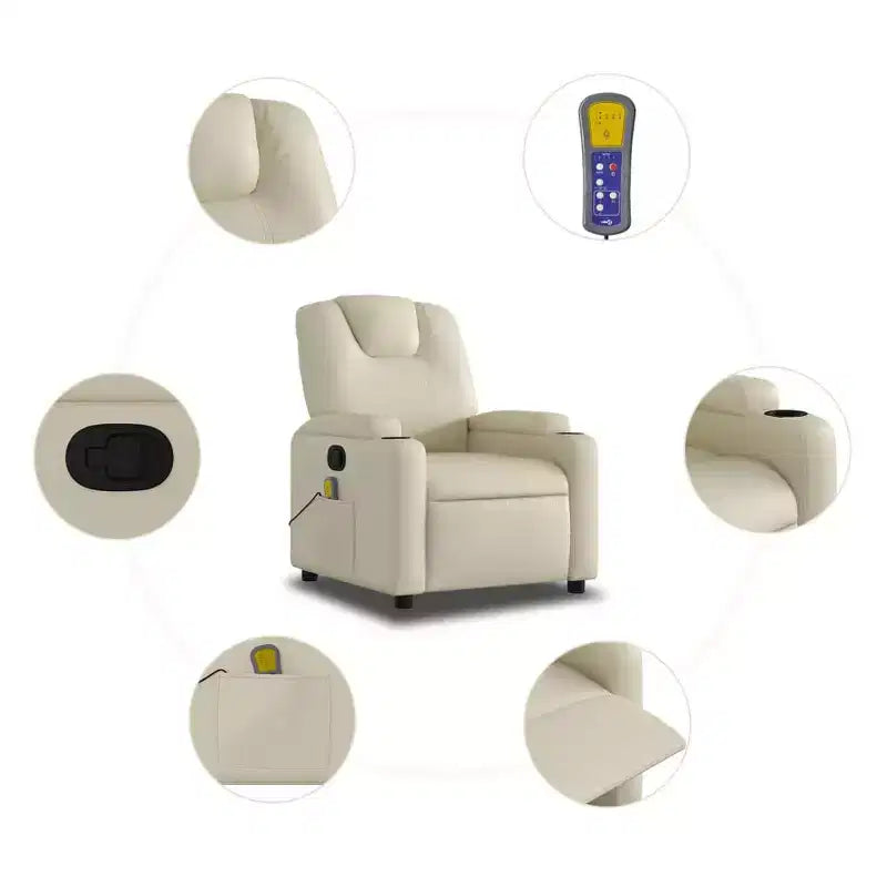 vidaXL Cream Faux Leather Massage Recliner Chair - Reclining Armchair for Elderly with Vibration Function, Cup Holders, Manual Tilt