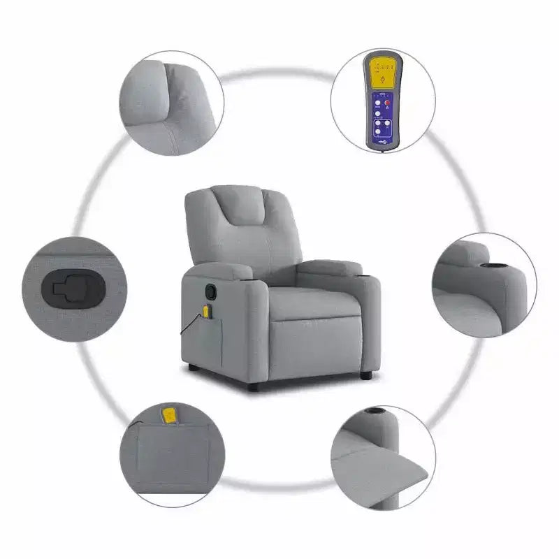 vidaXL Light Gray Fabric Massage Recliner Chair - Manual Recline, Vibration Massage, Plush Comfort with Cup Holders & Storage Side Pocket
