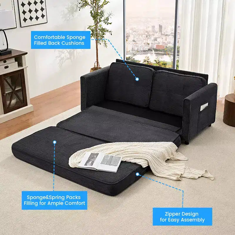 Mjkone 3-in-1 Convertible Futon Sofa Bed, Foldable Tufted Loveseat Sleeper Sofa with Side Pockets,Space-Saving