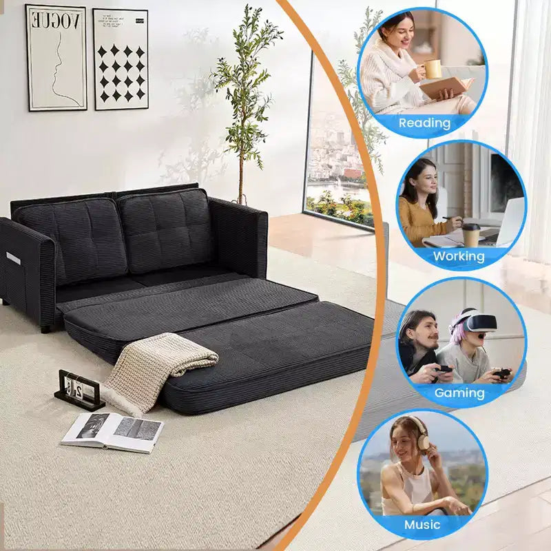 Mjkone 3-in-1 Convertible Futon Sofa Bed, Foldable Tufted Loveseat Sleeper Sofa with Side Pockets,Space-Saving