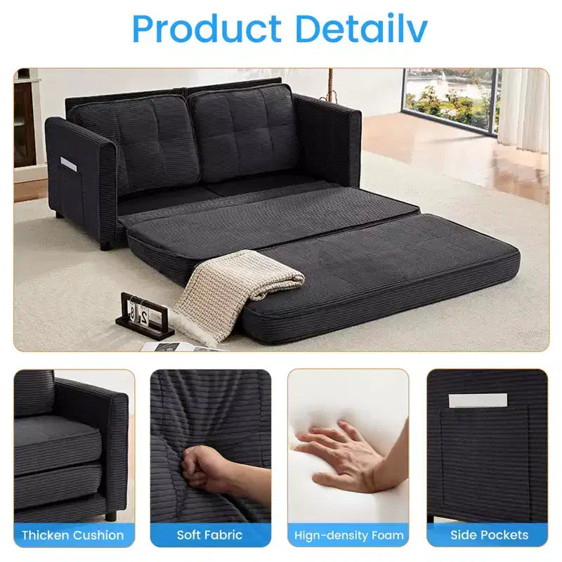 Mjkone 3-in-1 Convertible Futon Sofa Bed, Foldable Tufted Loveseat Sleeper Sofa with Side Pockets,Space-Saving
