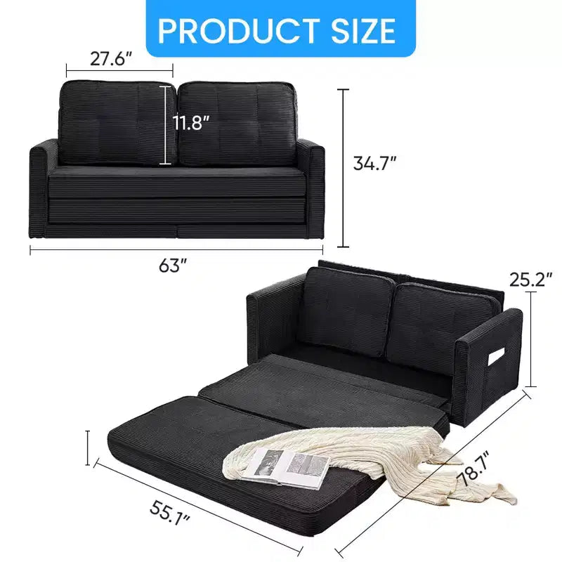 Mjkone 3-in-1 Convertible Futon Sofa Bed, Foldable Tufted Loveseat Sleeper Sofa with Side Pockets,Space-Saving