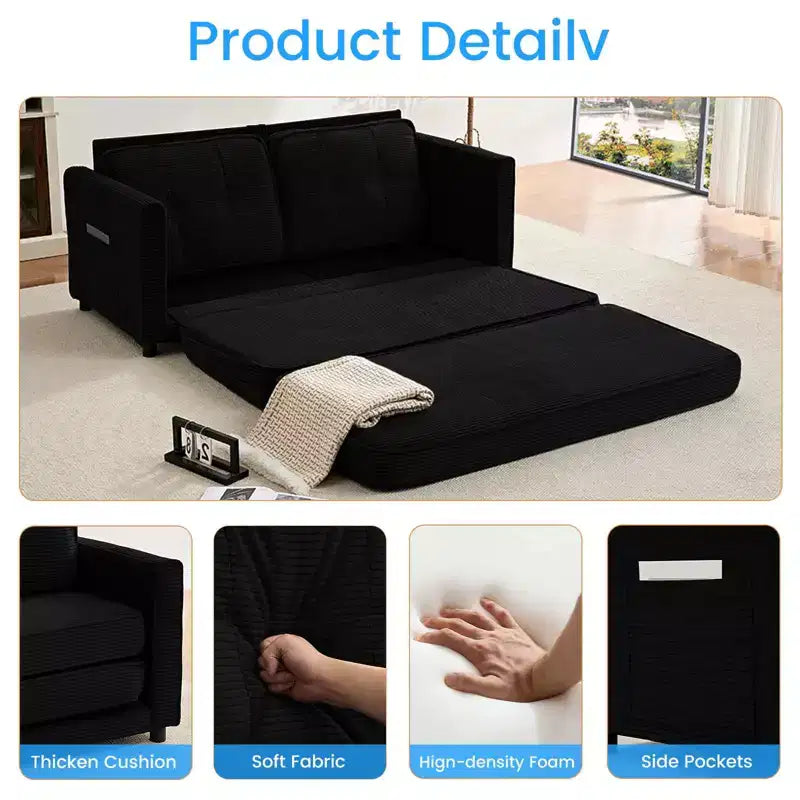 Mjkone 3-in-1 Convertible Futon Sofa Bed, Foldable Tufted Loveseat Sleeper Sofa with Side Pockets,Space-Saving