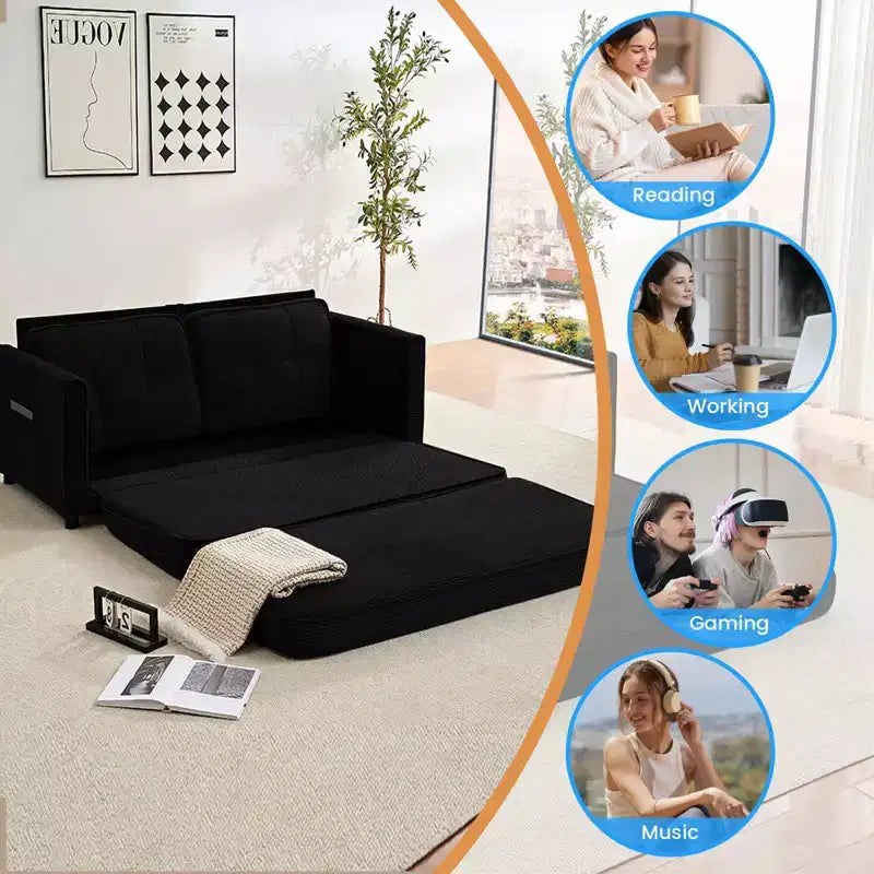 Mjkone 3-in-1 Convertible Futon Sofa Bed, Foldable Tufted Loveseat Sleeper Sofa with Side Pockets,Space-Saving