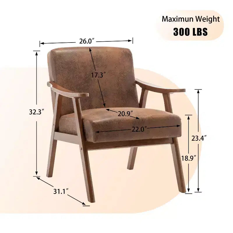 Mid-Century Modern Accent Chair with Solid Wood Frame and Extra-Thick Backrest,Brown