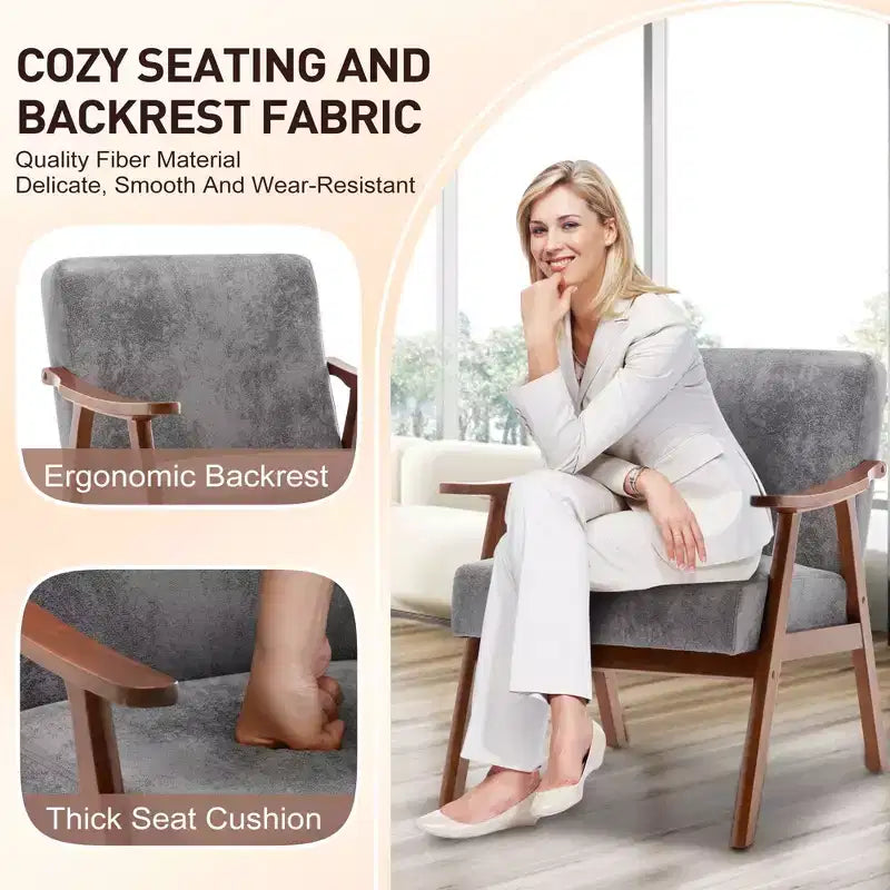Mid-Century Modern Accent Chair with Solid Wood Frame and Extra-Thick Backrest,Brown