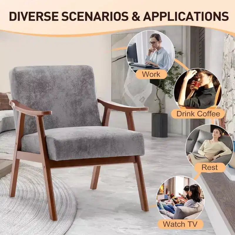 Mid-Century Modern Accent Chair with Solid Wood Frame and Extra-Thick Backrest,Brown