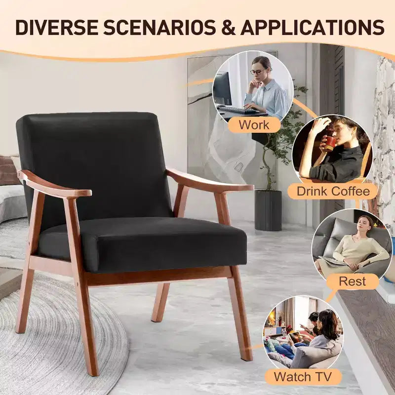 Mid-Century Modern Accent Chair with Solid Wood Frame and Extra-Thick Backrest,Brown