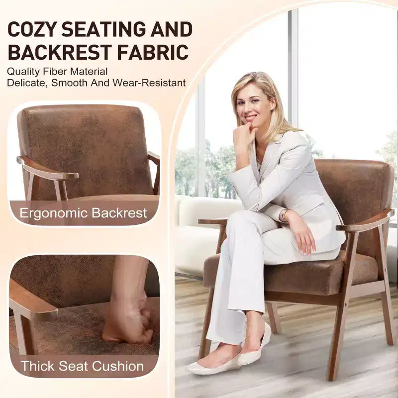 Mid-Century Modern Accent Chair with Solid Wood Frame and Extra-Thick Backrest,Brown