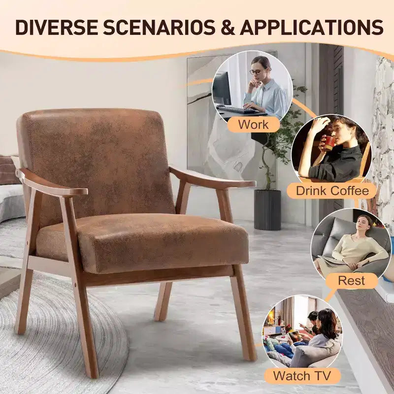 Mid-Century Modern Accent Chair with Solid Wood Frame and Extra-Thick Backrest,Brown
