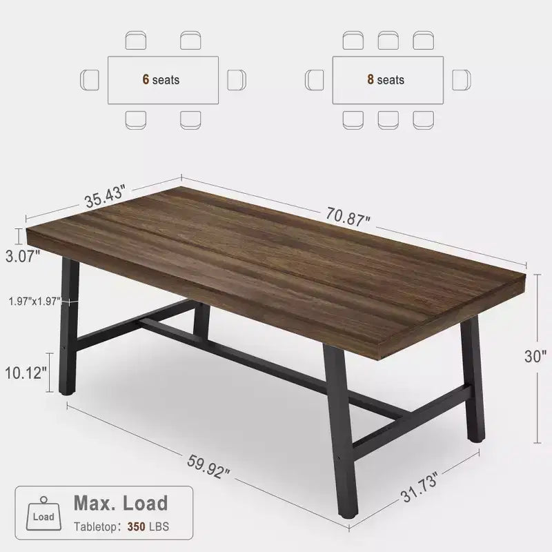 Table à manger industrielle pour 6 à 8 personnes, tables à manger rectangulaires de 200 cm de long, table de cuisine en bois