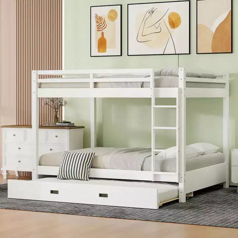 Queen Size Wood Bunk Bed with Ladder and Twin XL Size Trundle, No Box Spring Needed, White/Natural - ModernLuxe