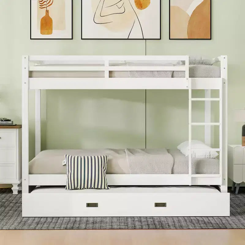 Queen Size Wood Bunk Bed with Ladder and Twin XL Size Trundle, No Box Spring Needed, White/Natural - ModernLuxe