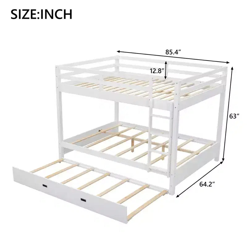Queen Size Wood Bunk Bed with Ladder and Twin XL Size Trundle, No Box Spring Needed, White/Natural - ModernLuxe