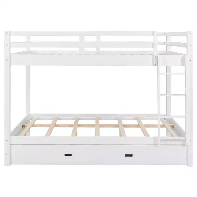 Queen Size Wood Bunk Bed with Ladder and Twin XL Size Trundle, No Box Spring Needed, White/Natural - ModernLuxe