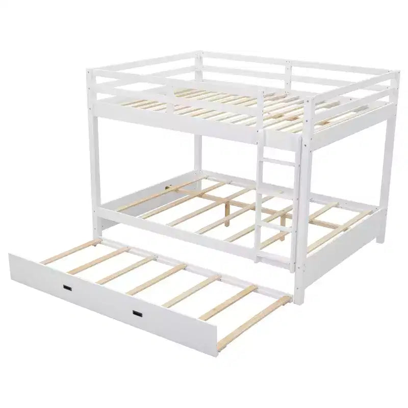 Queen Size Wood Bunk Bed with Ladder and Twin XL Size Trundle, No Box Spring Needed, White/Natural - ModernLuxe