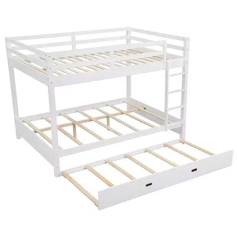 Queen Size Wood Bunk Bed with Ladder and Twin XL Size Trundle, No Box Spring Needed, White/Natural - ModernLuxe