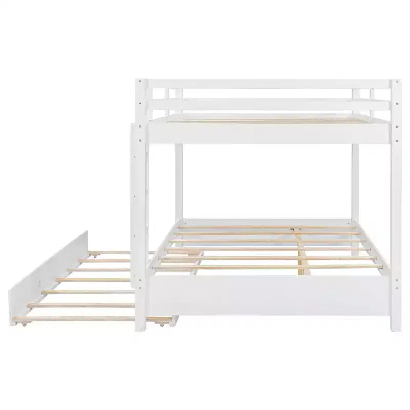 Queen Size Wood Bunk Bed with Ladder and Twin XL Size Trundle, No Box Spring Needed, White/Natural - ModernLuxe