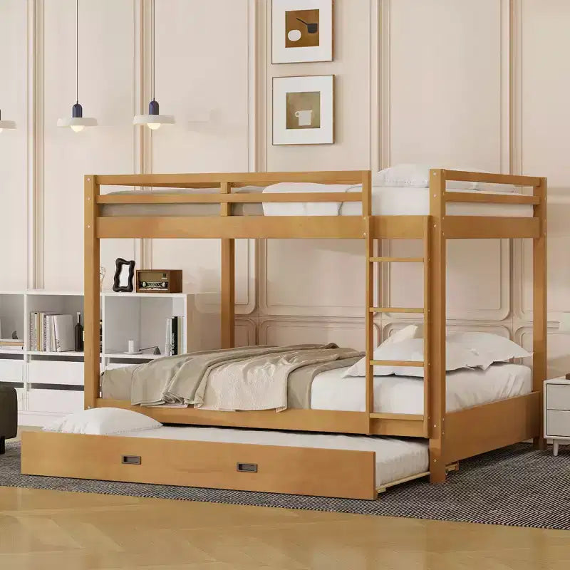 Queen Size Wood Bunk Bed with Ladder and Twin XL Size Trundle, No Box Spring Needed, White/Natural - ModernLuxe
