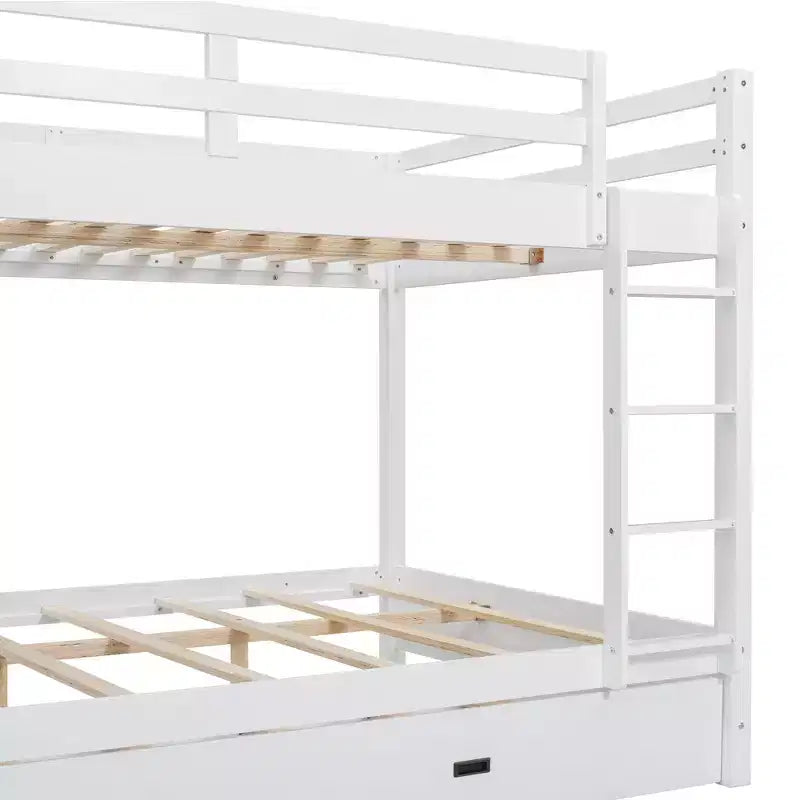 Queen Size Wood Bunk Bed with Ladder and Twin XL Size Trundle, No Box Spring Needed, White/Natural - ModernLuxe