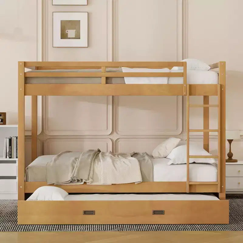 Queen Size Wood Bunk Bed with Ladder and Twin XL Size Trundle, No Box Spring Needed, White/Natural - ModernLuxe