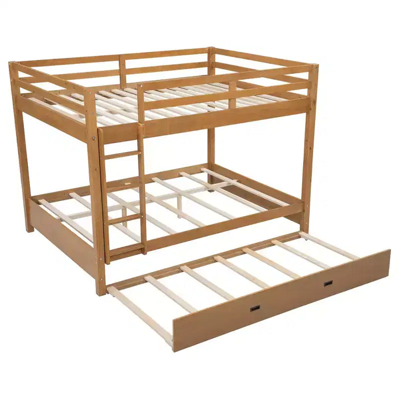 Queen Size Wood Bunk Bed with Ladder and Twin XL Size Trundle, No Box Spring Needed, White/Natural - ModernLuxe