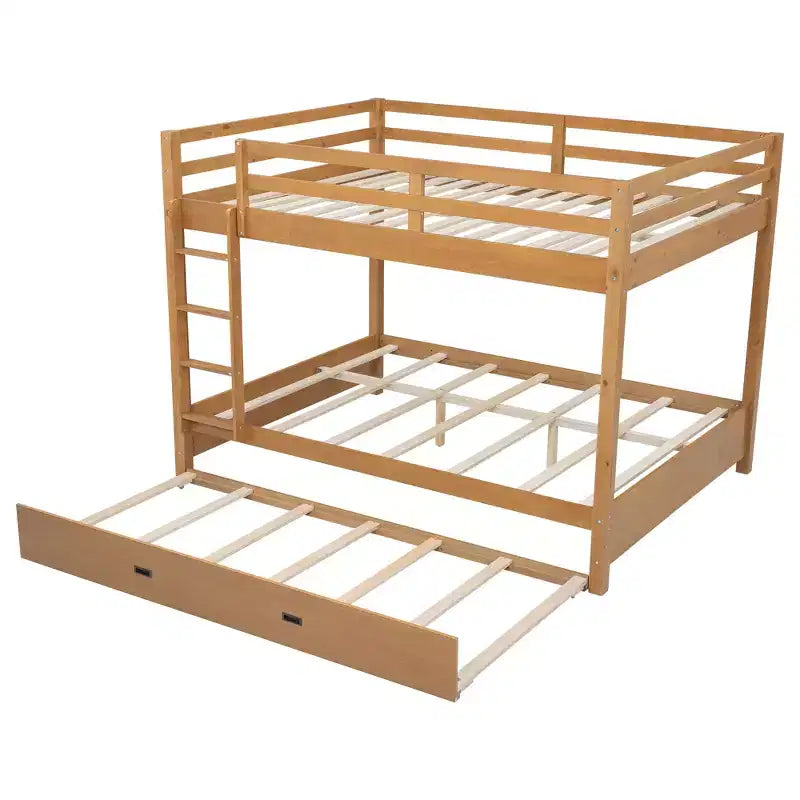 Queen Size Wood Bunk Bed with Ladder and Twin XL Size Trundle, No Box Spring Needed, White/Natural - ModernLuxe