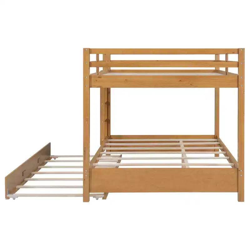 Queen Size Wood Bunk Bed with Ladder and Twin XL Size Trundle, No Box Spring Needed, White/Natural - ModernLuxe