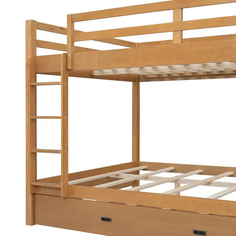 Queen Size Wood Bunk Bed with Ladder and Twin XL Size Trundle, No Box Spring Needed, White/Natural - ModernLuxe