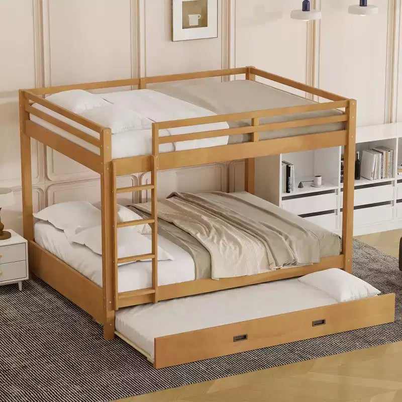 Queen Size Wood Bunk Bed with Ladder and Twin XL Size Trundle, No Box Spring Needed, White/Natural - ModernLuxe