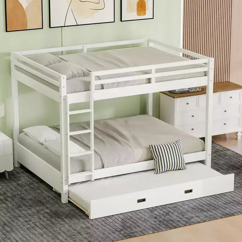 Queen Size Wood Bunk Bed with Ladder and Twin XL Size Trundle, No Box Spring Needed, White/Natural - ModernLuxe