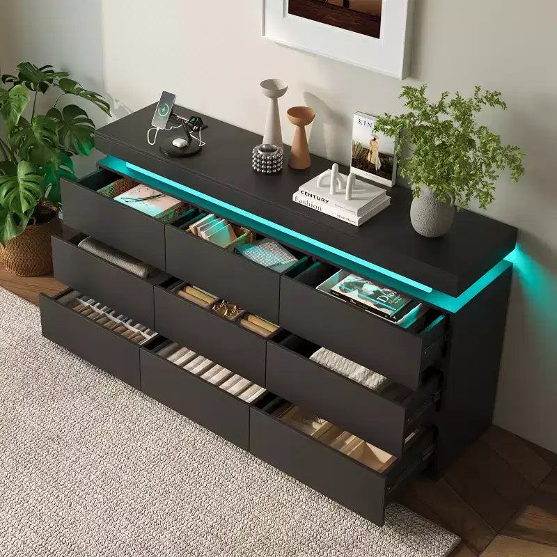 Commode moderne à 9 tiroirs Dyonery - avec meuble de rangement et lumière LED, commode large et station de charge, meuble de rangement pour salon