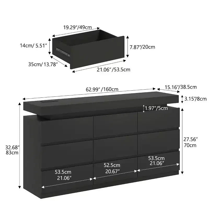 Commode moderne à 9 tiroirs Dyonery - avec meuble de rangement et lumière LED, commode large et station de charge, meuble de rangement pour salon