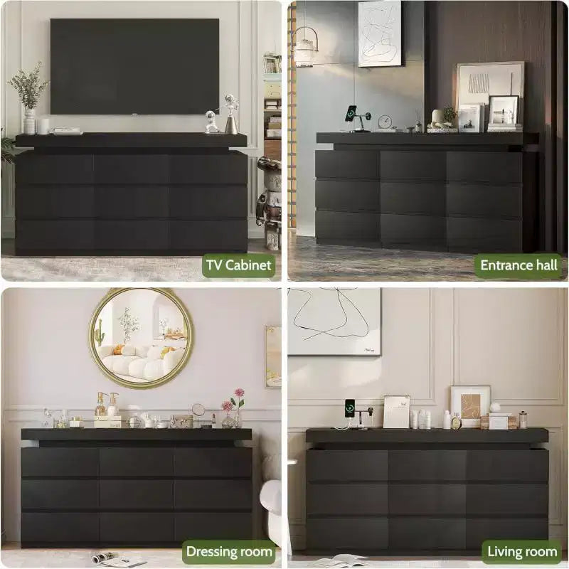 Commode moderne à 9 tiroirs Dyonery - avec meuble de rangement et lumière LED, commode large et station de charge, meuble de rangement pour salon