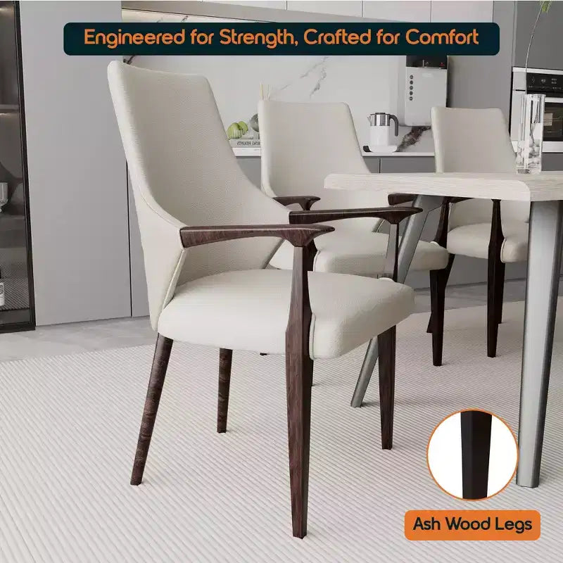 LeisureMod Elm Modern Dining Arm Chairs Set of 2  Leather Upholstery with Wood Legs, Mid-Century Style, Kitchen, Contemporary Dining Room