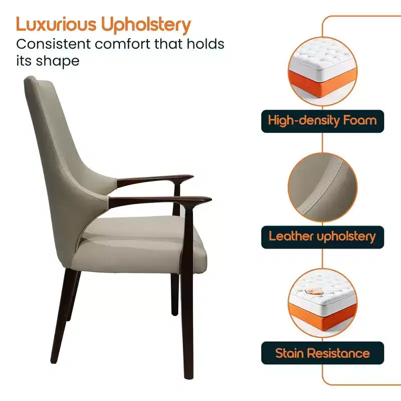 LeisureMod Elm Modern Dining Arm Chairs Set of 2  Leather Upholstery with Wood Legs, Mid-Century Style, Kitchen, Contemporary Dining Room