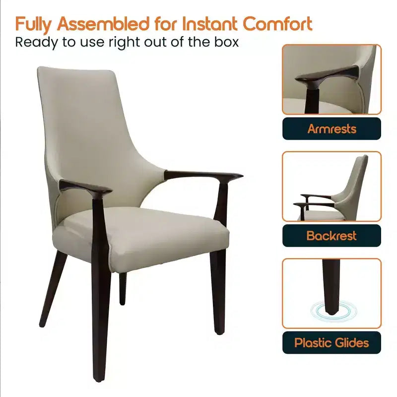 LeisureMod Elm Modern Dining Arm Chairs Set of 2  Leather Upholstery with Wood Legs, Mid-Century Style, Kitchen, Contemporary Dining Room