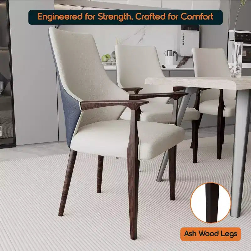 LeisureMod Elm Modern Dining Arm Chairs Set of 2  Leather Upholstery with Wood Legs, Mid-Century Style, Kitchen, Contemporary Dining Room