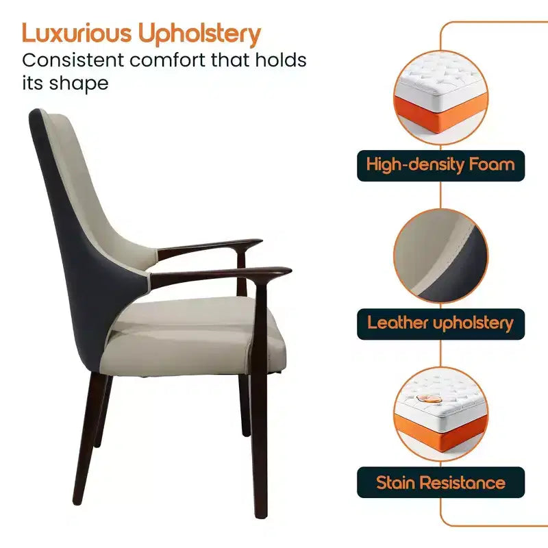 LeisureMod Elm Modern Dining Arm Chairs Set of 2  Leather Upholstery with Wood Legs, Mid-Century Style, Kitchen, Contemporary Dining Room
