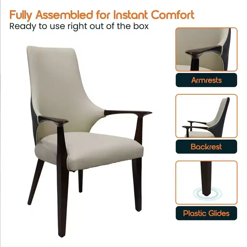 LeisureMod Elm Modern Dining Arm Chairs Set of 2  Leather Upholstery with Wood Legs, Mid-Century Style, Kitchen, Contemporary Dining Room