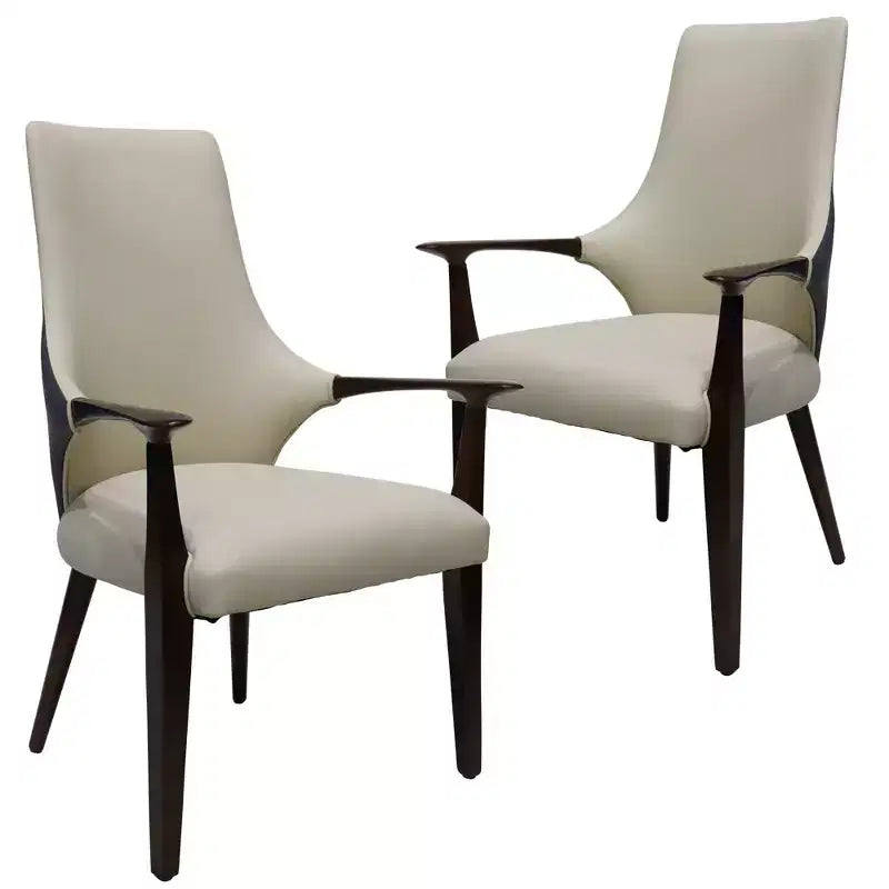 LeisureMod Elm Modern Dining Arm Chairs Set of 2  Leather Upholstery with Wood Legs, Mid-Century Style, Kitchen, Contemporary Dining Room