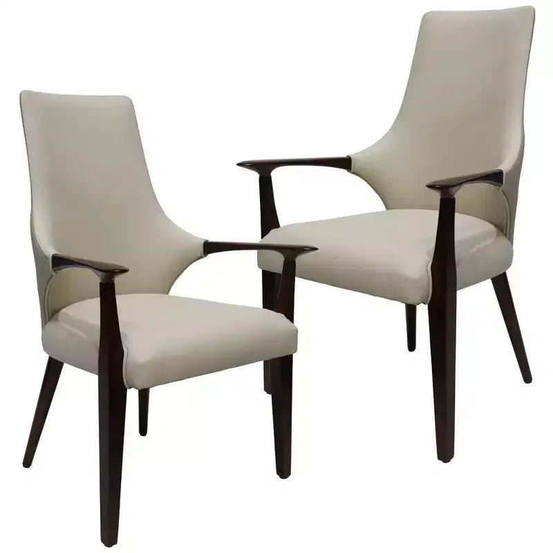 LeisureMod Elm Modern Dining Arm Chairs Set of 2  Leather Upholstery with Wood Legs, Mid-Century Style, Kitchen, Contemporary Dining Room