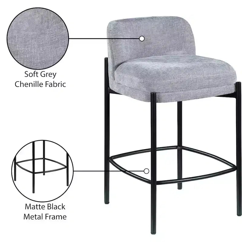Meridian Furniture,Burton Grey Chenille Fabric Stool, Set of 2
